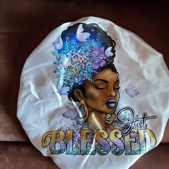 Women's Handmade Double Layered Purple Gold Blessed Custom Satin Hair Bonnet - Picture 1 of 2